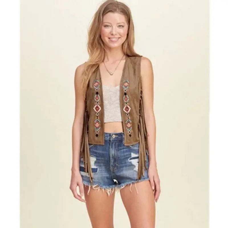 Ethnic Faux Suede Tassel Geometric Embroidery Vest Retro Women Sleeveless Suit Slim Fit Gilet Waistcoat Tops S M L 3
