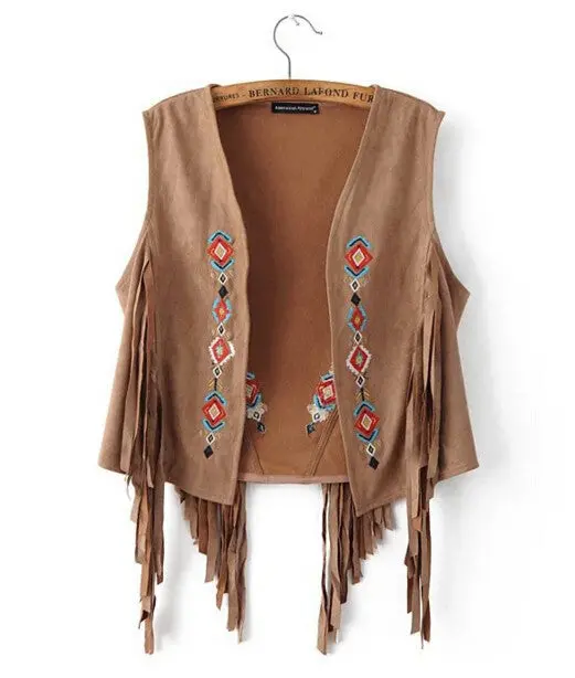 Ethnic Faux Suede Tassel Geometric Embroidery Vest Retro Women Sleeveless Suit Slim Fit Gilet Waistcoat Tops S M L 4