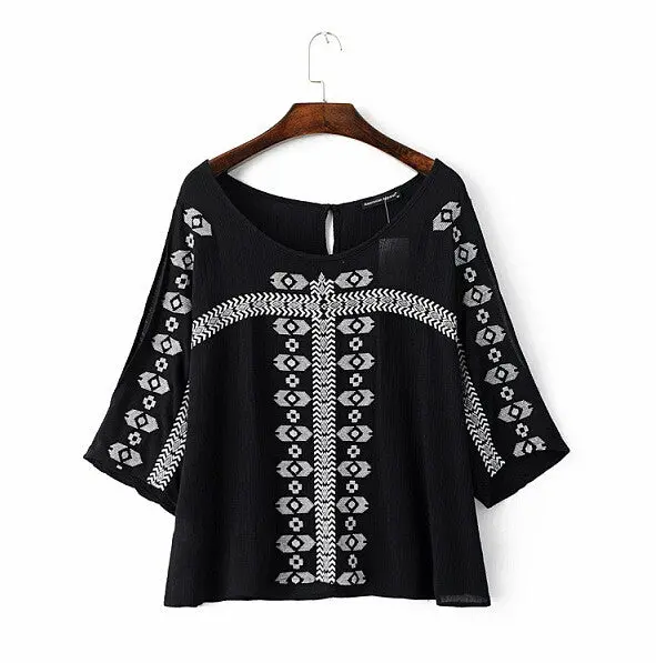 Ethnic Flare Sleeve Flower Embroidery Shirt Large O Neck Slit Cuff Pullover Blouse Tops Blusas Femme Blusa White Black 1