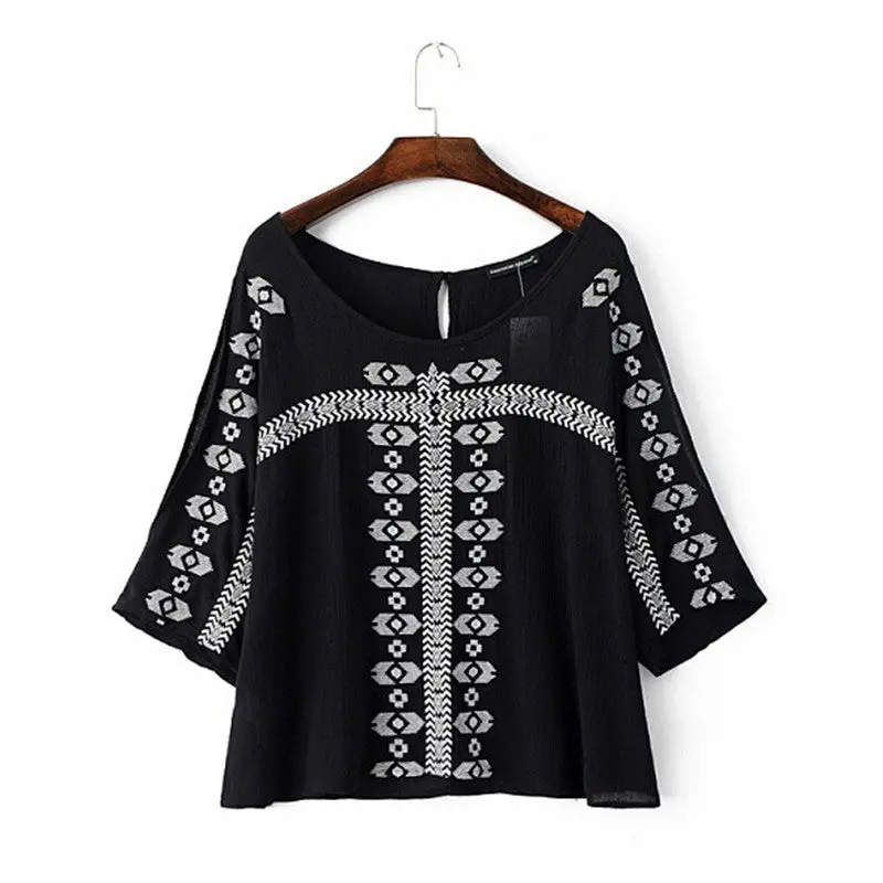 Ethnic Flare Sleeve Flower Embroidery Shirt Large O Neck Slit Cuff Pullover Blouse Tops Blusas Femme Blusa White Black 3