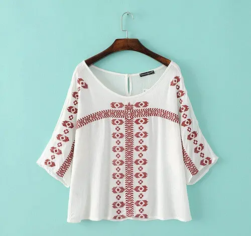 Ethnic Flare Sleeve Flower Embroidery Shirt Large O Neck Slit Cuff Pullover Blouse Tops Blusas Femme Blusa White Black 4