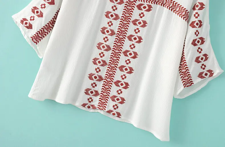 Ethnic Flare Sleeve Flower Embroidery Shirt Large O Neck Slit Cuff Pullover Blouse Tops Blusas Femme Blusa White Black 4