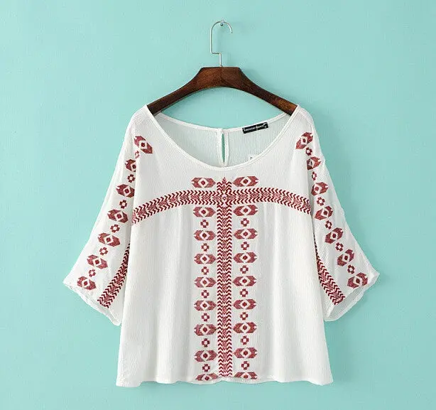 Ethnic Flare Sleeve Flower Embroidery Shirt Large O Neck Slit Cuff Pullover Blouse Tops Blusas Femme Blusa White Black 5