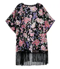 Ethnic Floral Loose Kimono Cardigan Tassels Shirts No Button Short Sleeve Long Blouses Tops 1