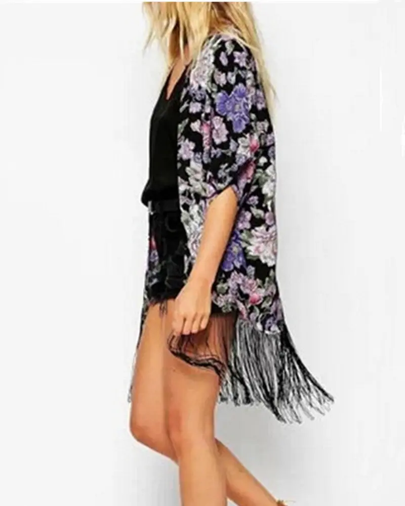 Ethnic Floral Loose Kimono Cardigan Tassels Shirts No Button Short Sleeve Long Blouses Tops 2