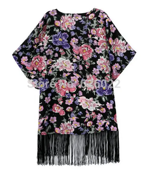 Ethnic Floral Loose Kimono Cardigan Tassels Shirts No Button Short Sleeve Long Blouses Tops 3