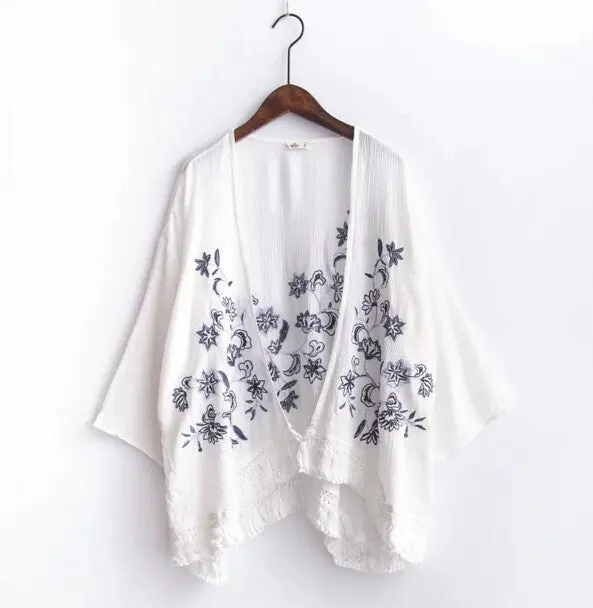 Ethnic Flower Embroidery Shirt Tassel Cardigan Blouse Tops 3/4 Sleeve Blusas Chemise Femme Blusa White 1