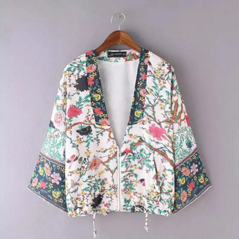 Ethnic Flower Print Loose Kimono Jacket Women V Neck Zipper Cardigan Coat Tops Sunscreen Blusas Chemise Femme Blusa 1