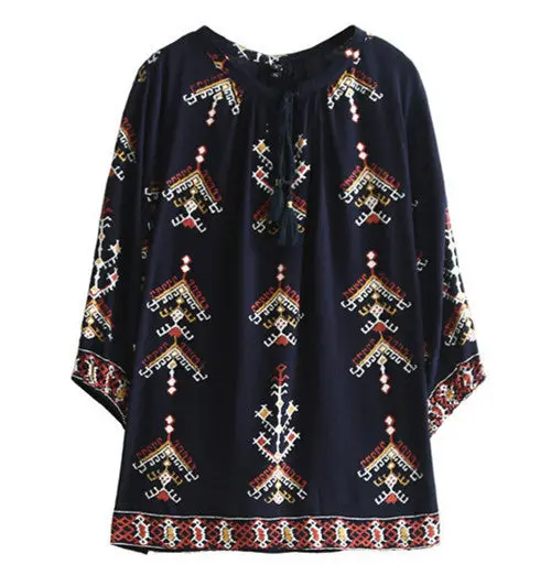 Ethnic Geometric Print Shirt Women O Neck Stream Drawstring Femme Loose Pullover Blouse Tops S M L 1