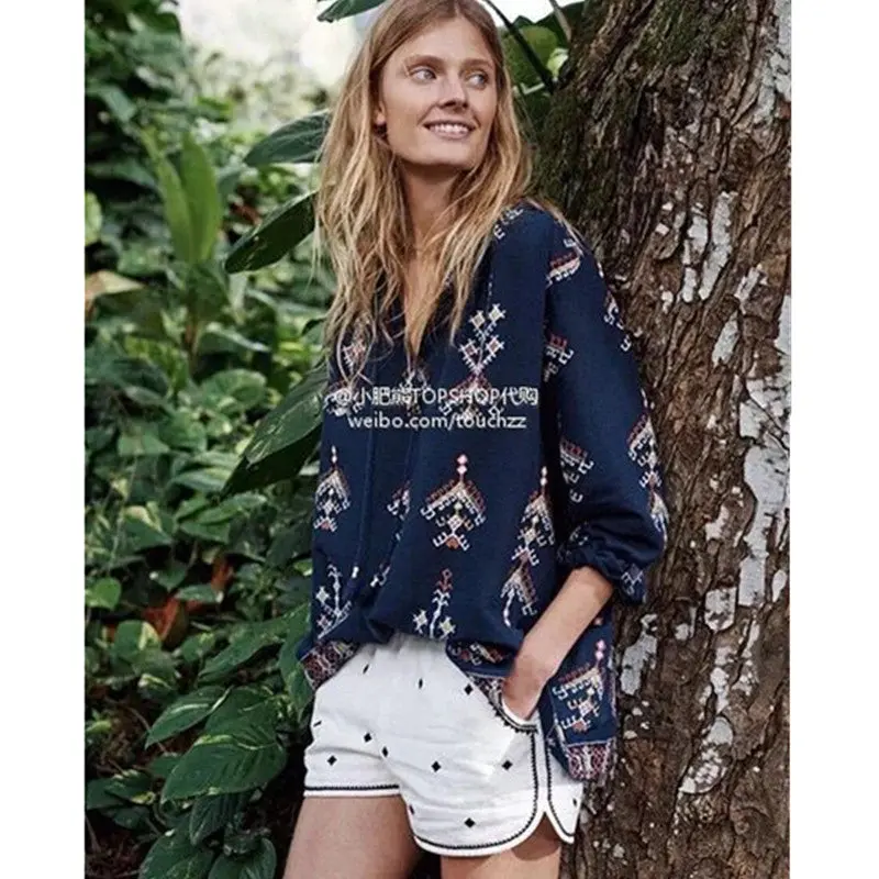 Ethnic Geometric Print Shirt Women O Neck Stream Drawstring Femme Loose Pullover Blouse Tops S M L 2