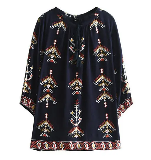 Ethnic Geometric Print Shirt Women O Neck Stream Drawstring Femme Loose Pullover Blouse Tops S M L 3