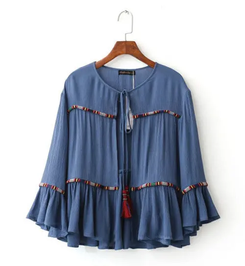 Ethnic Lacing Up O Neck Flare Sleeve Embroidery Jacket Women Tassel Skirt-Hem Loose Kimono Jacket Coat Sunscreen Femme 1