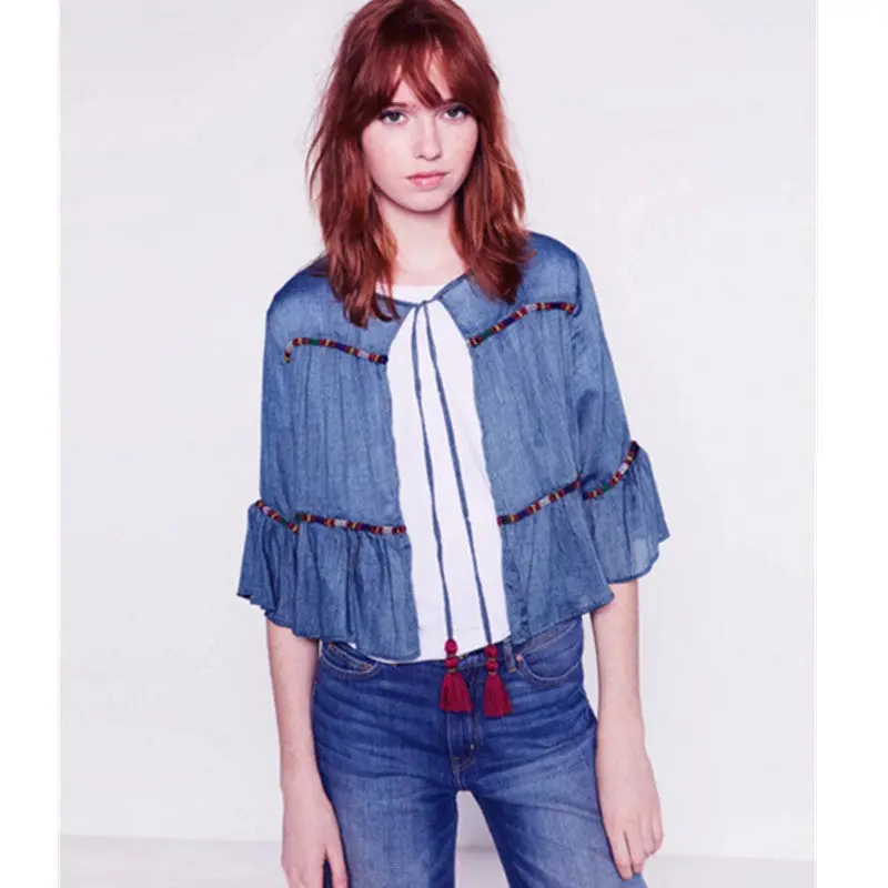 Ethnic Lacing Up O Neck Flare Sleeve Embroidery Jacket Women Tassel Skirt-Hem Loose Kimono Jacket Coat Sunscreen Femme 2