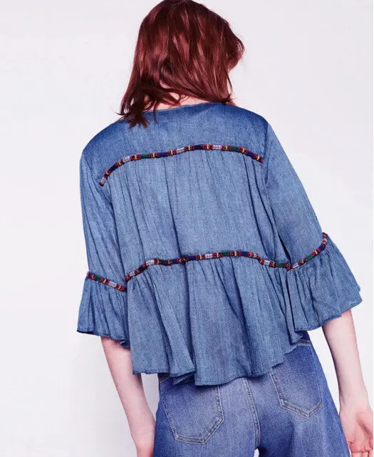 Ethnic Lacing Up O Neck Flare Sleeve Embroidery Jacket Women Tassel Skirt-Hem Loose Kimono Jacket Coat Sunscreen Femme 3