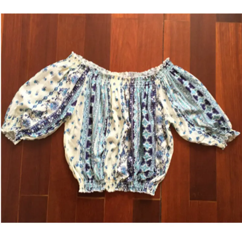 Ethnic Print Off Shoulder Shirt Women Elastic Slash Neck Short Blouses Femme Loose Blouse Tops 2