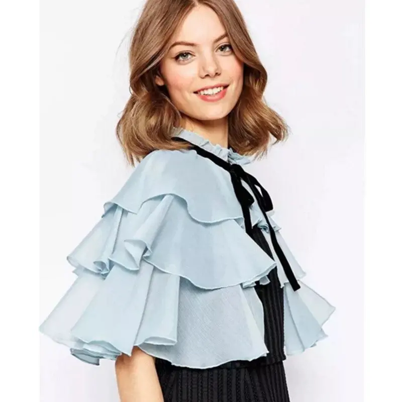 Ethnic Ruffles Layer Cape Shirt Bandage Collar Cardigan Blouse Tops Blusas Chemise Femme Blusa S M L 3
