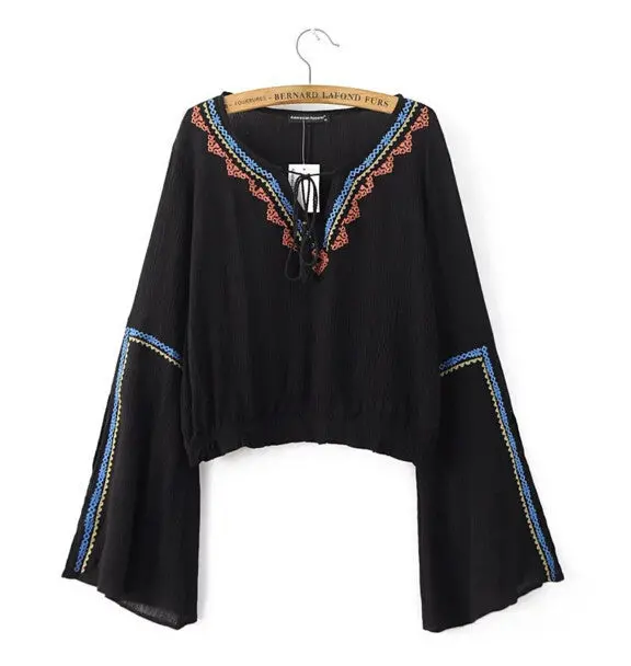Ethnic Slit Flare Sleeve Geometric Embroidery Shirt V Neck Strappy Pullover Blouse Tops Blusas Femme Blusa 3 Colors 1