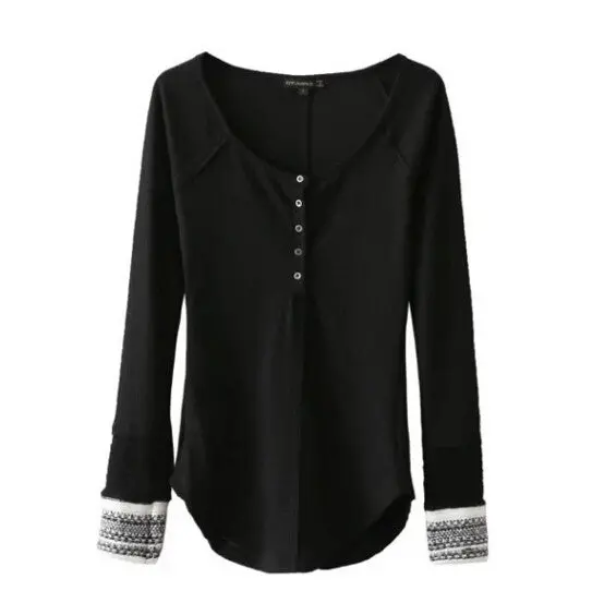 Ethnic Spliced Knitted Cuff Long Sleeve Buttons O Neck Tee Women Slim Fit T Shirt Tops 4 Colors 1
