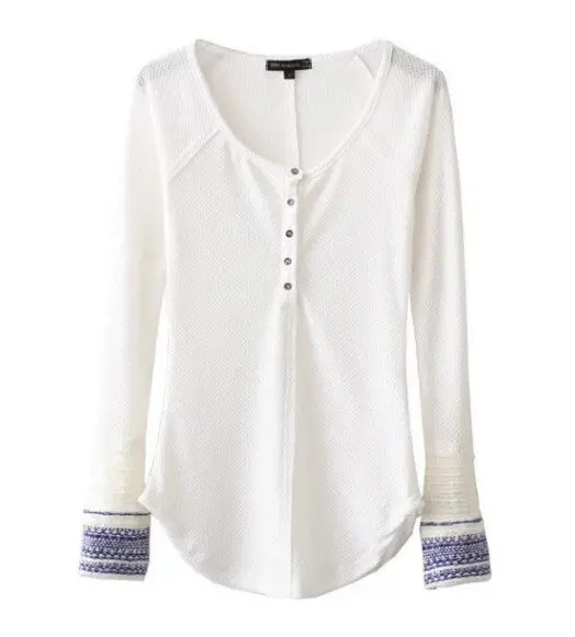 Ethnic Spliced Knitted Cuff Long Sleeve Buttons O Neck Tee Women Slim Fit T Shirt Tops 4 Colors 10