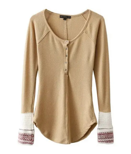 Ethnic Spliced Knitted Cuff Long Sleeve Buttons O Neck Tee Women Slim Fit T Shirt Tops 4 Colors 4