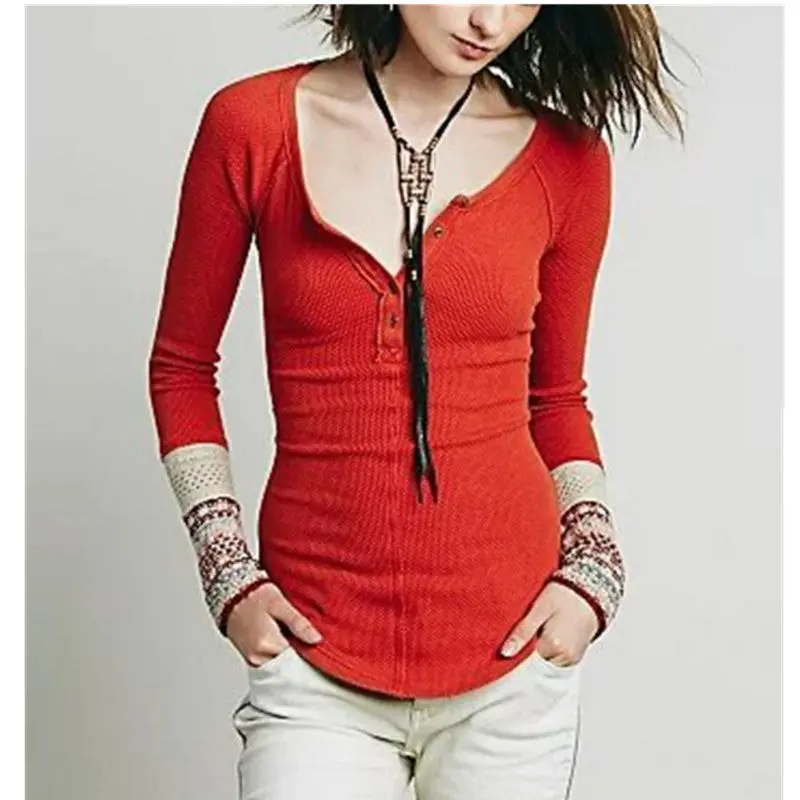 Ethnic Spliced Knitted Cuff Long Sleeve Buttons O Neck Tee Women Slim Fit T Shirt Tops 4 Colors 5