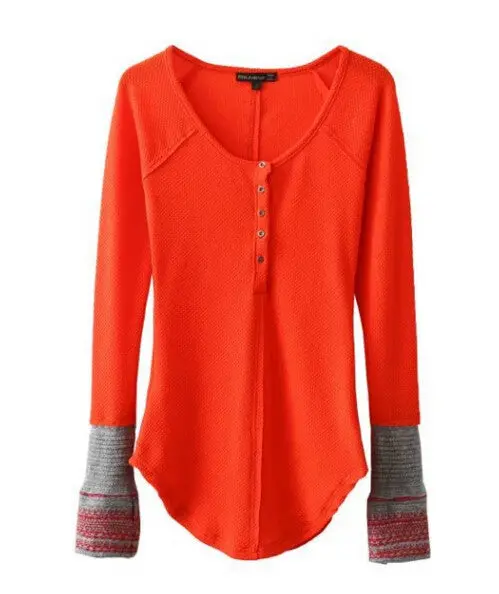 Ethnic Spliced Knitted Cuff Long Sleeve Buttons O Neck Tee Women Slim Fit T Shirt Tops 4 Colors 7