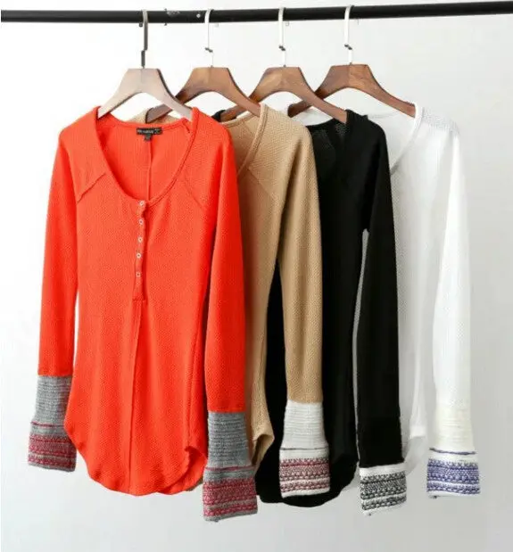 Ethnic Spliced Knitted Cuff Long Sleeve Buttons O Neck Tee Women Slim Fit T Shirt Tops 4 Colors 8