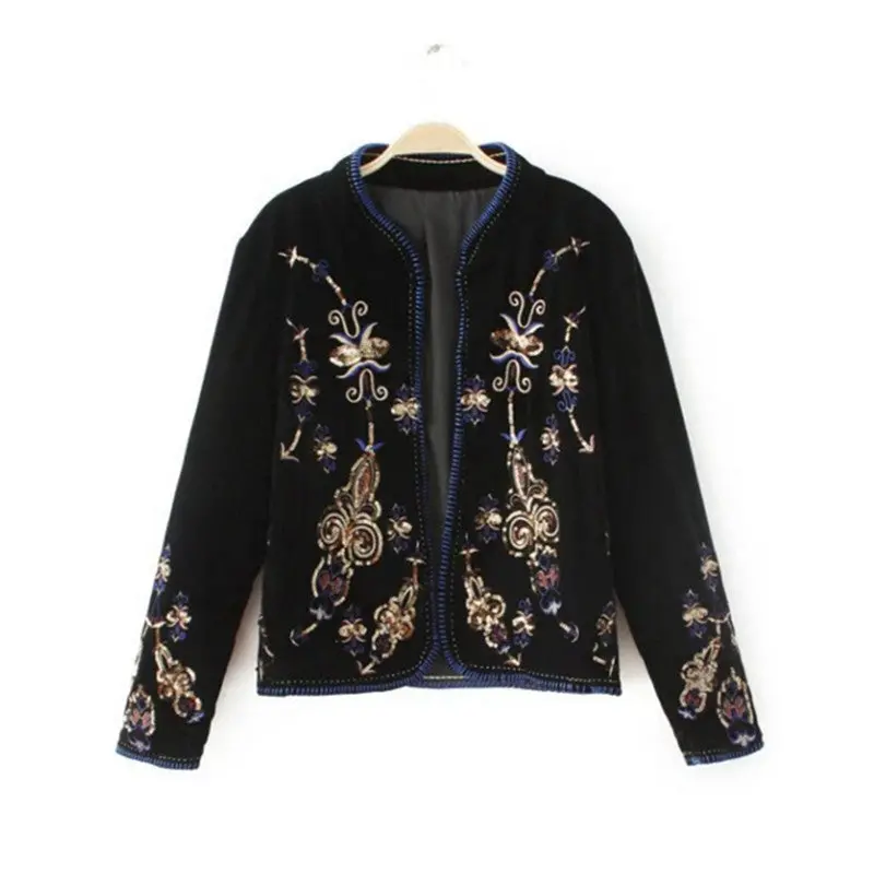 Ethnic Spliced Sequin Flower Embroidery Velour Jacket Vintage Woman Contrast Color V Neck Coat Tops Femme Outwear Black 1