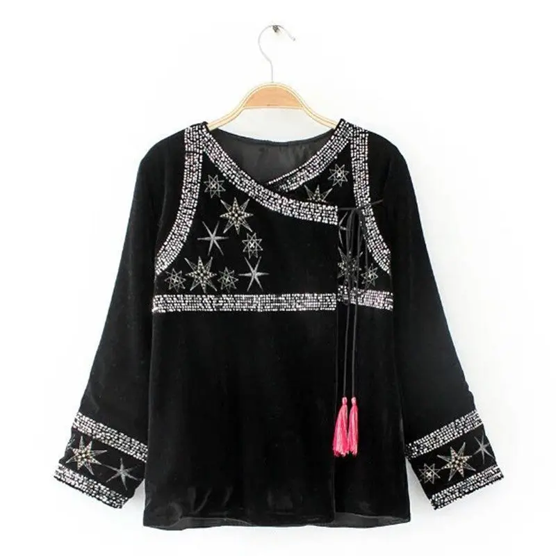 Ethnic Spliced Sequins Embroidery Stars Tassels Velour Jacket Vintage Woman Ribbons Loose Kimono Cardigan Coat Sunscreen 1