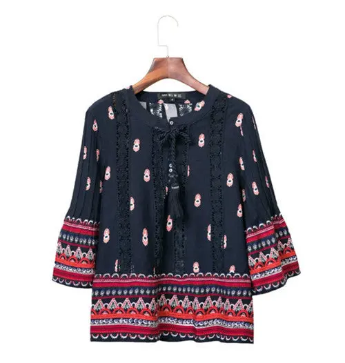 Ethnic Strappy Neck Spliced Lace Flare Sleeve Pullover Shirt Woman Drawstring Femme Loose Blouse Tops 1