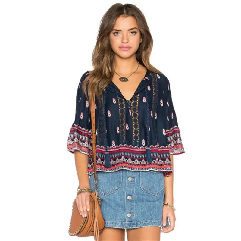 Ethnic Strappy Neck Spliced Lace Flare Sleeve Pullover Shirt Woman Drawstring Femme Loose Blouse Tops 2