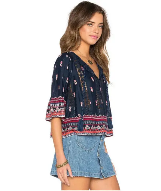 Ethnic Strappy Neck Spliced Lace Flare Sleeve Pullover Shirt Woman Drawstring Femme Loose Blouse Tops 3