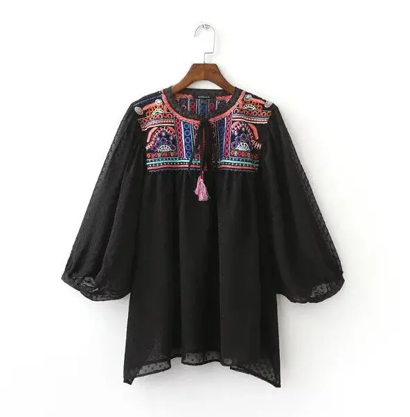 Ethnic Strappy V Neck Embroidery Shirt Women 3/4 Bat Sleeve Loose Pullover Dobby Blouse Tops Blusas Femme 2 Color 1