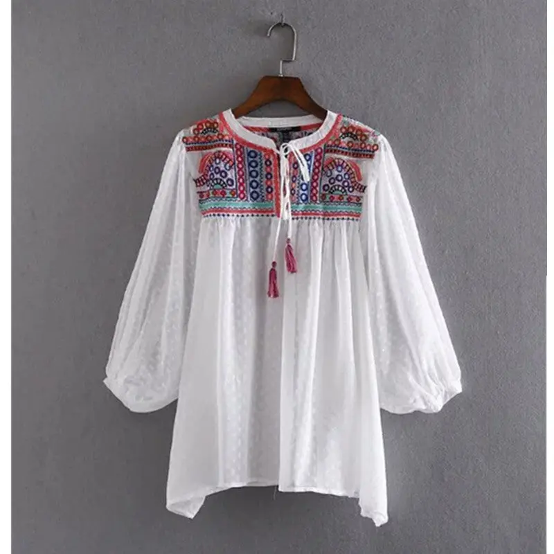 Ethnic Strappy V Neck Embroidery Shirt Women 3/4 Bat Sleeve Loose Pullover Dobby Blouse Tops Blusas Femme 2 Color 4