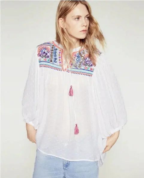 Ethnic Strappy V Neck Embroidery Shirt Women 3/4 Bat Sleeve Loose Pullover Dobby Blouse Tops Blusas Femme 2 Color 4