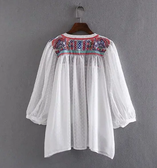 Ethnic Strappy V Neck Embroidery Shirt Women 3/4 Bat Sleeve Loose Pullover Dobby Blouse Tops Blusas Femme 2 Color 6