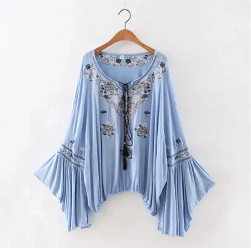 Ethnic Stream Neck Flare Sleeve Embroidery Shirt Women Large V Neck Hollow Out Strappy Pullover Blouse Tops Blusas Femme 1