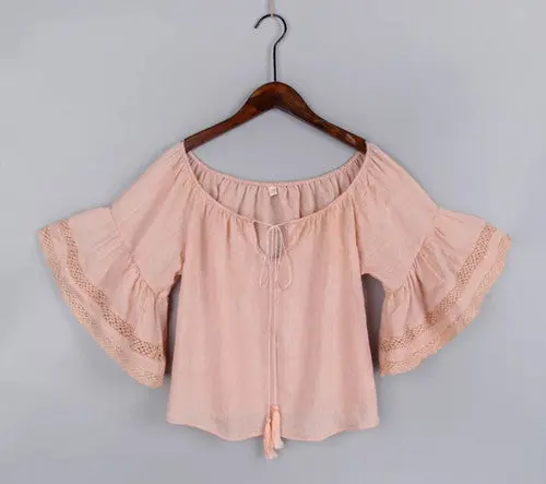 Ethnic Stream Neck Flare Sleeve Shirt Women Hollow Out Strappy Lace Cuff Pullover Blouse Tops Blusas Chemise Femme 1