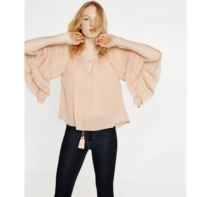 Ethnic Stream Neck Flare Sleeve Shirt Women Hollow Out Strappy Lace Cuff Pullover Blouse Tops Blusas Chemise Femme 3