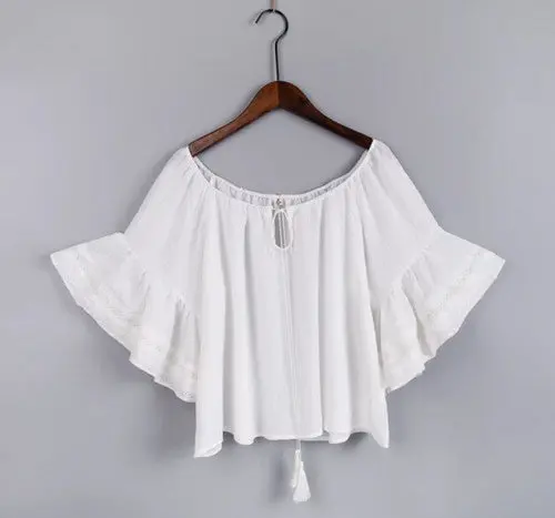 Ethnic Stream Neck Flare Sleeve Shirt Women Hollow Out Strappy Lace Cuff Pullover Blouse Tops Blusas Chemise Femme 4