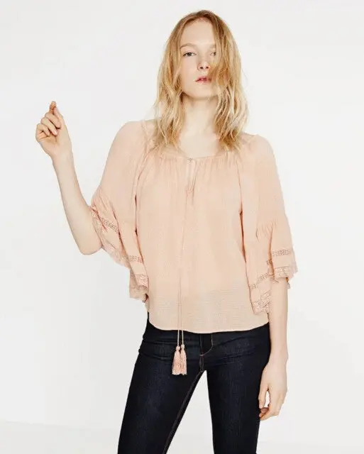 Ethnic Stream Neck Flare Sleeve Shirt Women Hollow Out Strappy Lace Cuff Pullover Blouse Tops Blusas Chemise Femme 5