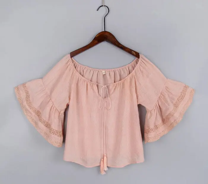 Ethnic Stream Neck Flare Sleeve Shirt Women Hollow Out Strappy Lace Cuff Pullover Blouse Tops Blusas Chemise Femme 6