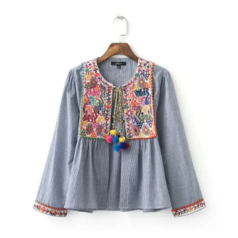 Ethnic Striped Print Geometric Embroidery Shirt Strappy Ball Tassel Cardigan Blouse Tops Blusas Chemise Femme Blusa 1