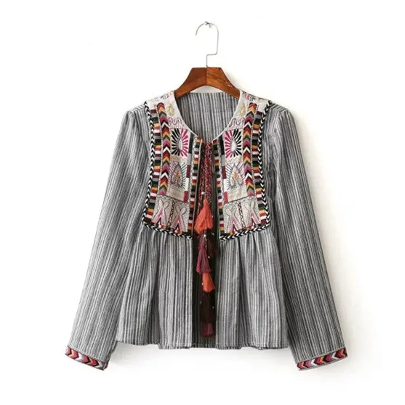 Ethnic Striped Print Geometric Embroidery Shirt Strappy Tassel O Neck Cardigan Blouse Tops Blusas Chemise Femme Blusa 1