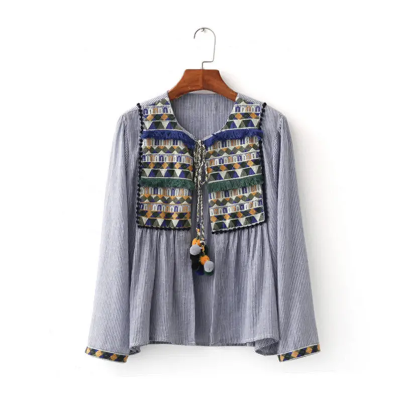Ethnic Striped Print Geometric Embroidery Shirt Women Strappy Ball Tassel Cardigan Blouse Tops Blusas Chemise Femme Blusa 1