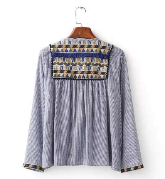 Ethnic Striped Print Geometric Embroidery Shirt Women Strappy Ball Tassel Cardigan Blouse Tops Blusas Chemise Femme Blusa 3