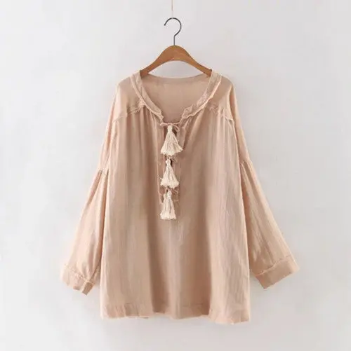 Ethnic Tassel Ball Stream Neck Unedged Fringed Shirt Women V Neck Strappy Pullover Blouse Tops Blusas Femme  S M L 1