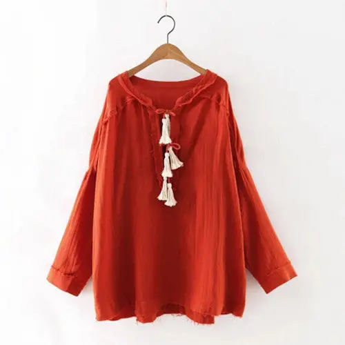 Ethnic Tassel Ball Stream Neck Unedged Fringed Shirt Women V Neck Strappy Pullover Blouse Tops Blusas Femme S M L 4