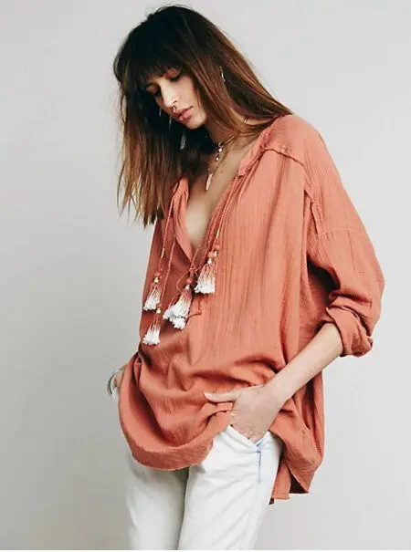 Ethnic Tassel Ball Stream Neck Unedged Fringed Shirt Women V Neck Strappy Pullover Blouse Tops Blusas Femme S M L 5