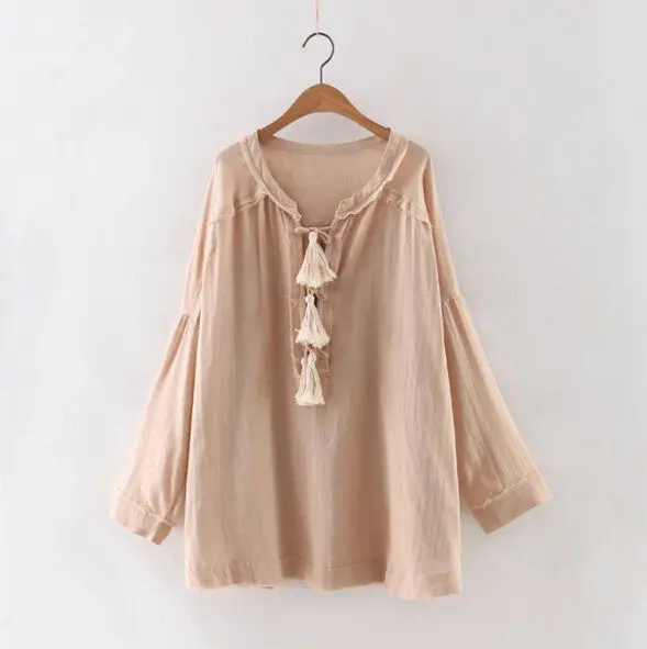 Ethnic Tassel Ball Stream Neck Unedged Fringed Shirt Women V Neck Strappy Pullover Blouse Tops Blusas Femme S M L 6